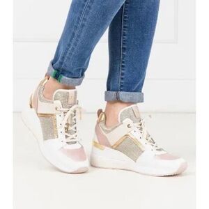 Michael Kors Platform Georgie White Pink Glitter Mesh Gold High-Top Sz 6.5